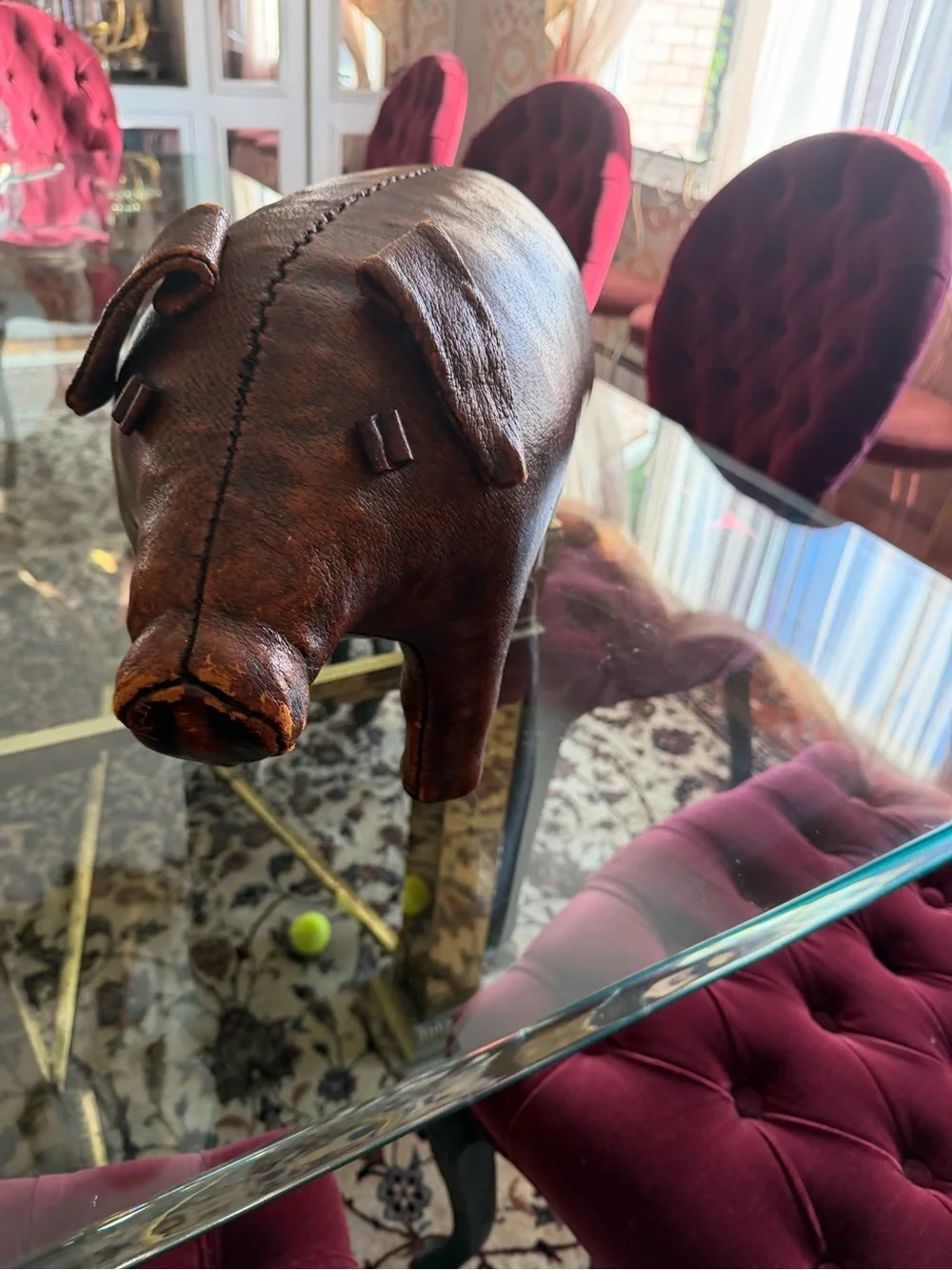 Vintage-Style Brown Leather Pig Accent - Home Dining Decor